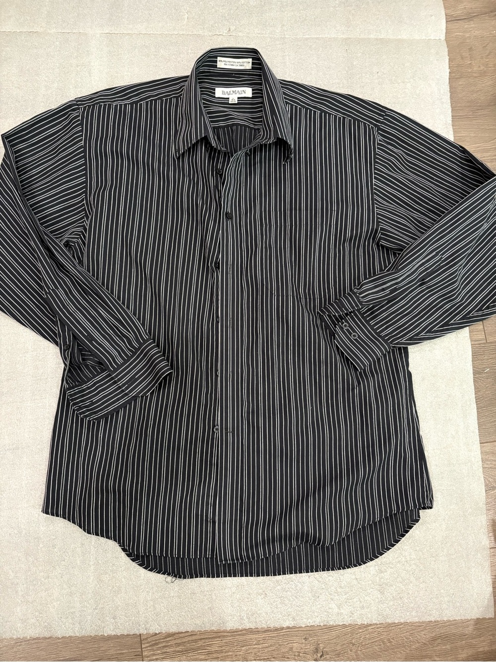 Balmain Black Shirt with White Pinstripes Cotton Blend